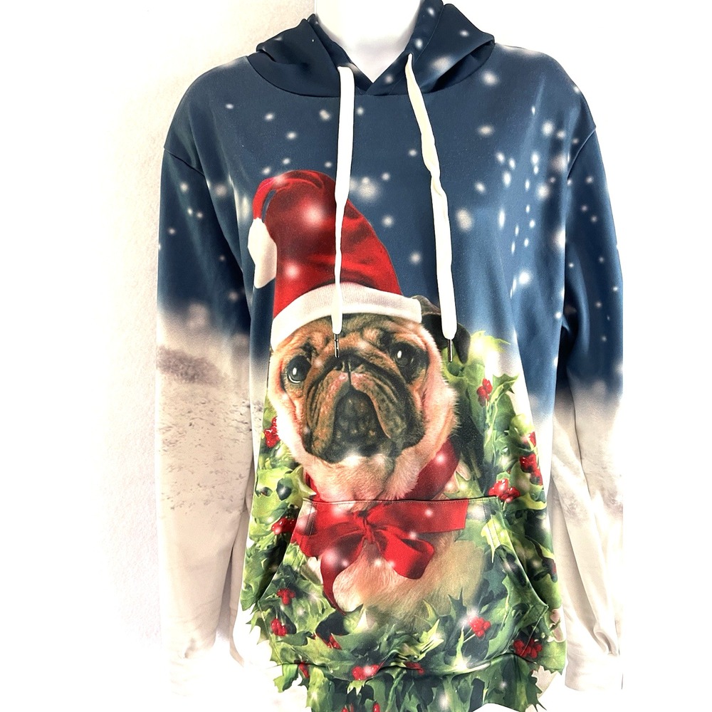 Festive Kitsch Holiday Christmas Pug Sweatshirt Medium